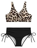 Arshiner Mädchen Bikini Set Leopardenmuster Tankini Kinder Hohe Taille Badeanzug Zweiteiliger Schwarz Bikinihose mit Kordelzug 160/13-14 Jahre