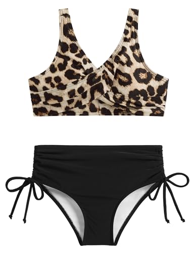 Arshiner Girls Bikini Set Leopard Print Swimming Costume Kids V-Neck Tankini Teen Swim Separates High-Waisted Bikini Bottoms with Drawstring 140/9-10 Years