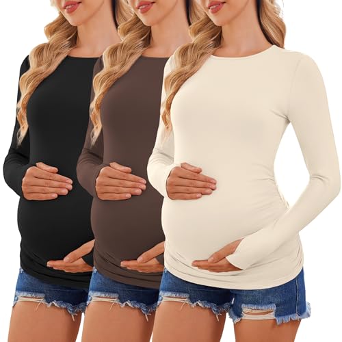 Ekouaer Maternity Tops for Women Long Sleeve Pregnancy Shirts Crew Neck Side Ruched Tshirts Mama Clothes Black/Beige/Brown L