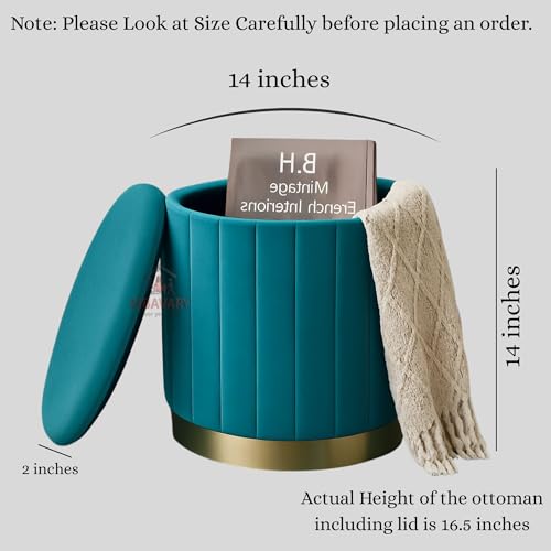 Image of Round Velvet Luxurious Storage Ottoman, Pouf with Storage Vanity Stool Chair,Upholstered Foot Rest Stool with Gold Strip Base for Living Room or Bedroom (Sky, Medium- 36Dx36Wx40H)