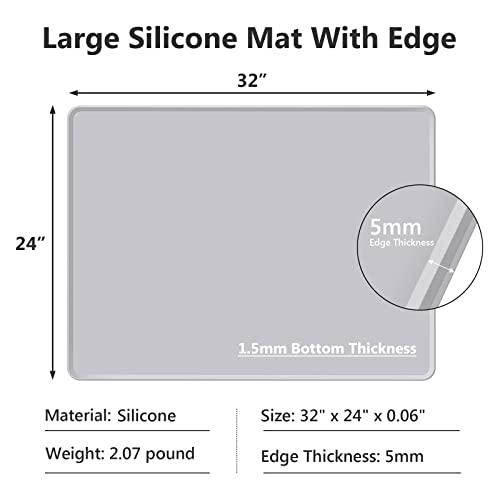 Gartful Silicone Mat For Kitchen, 32 X 24 X 0.06 Inches Silicone Mat With Lip, Large Multipurpose Mat - 0.2" Raised Edge, Silicone Place Mat For Dining Table, Heat Resistant Pad, Nonstick, Light Gray #TOP1
