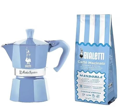 Bialetti Moka Express in Alluminio Set Caffettiera 3 Tazze Turchese con Caffè Macinato Mandorla 250g aromatizzato alla Mandorla