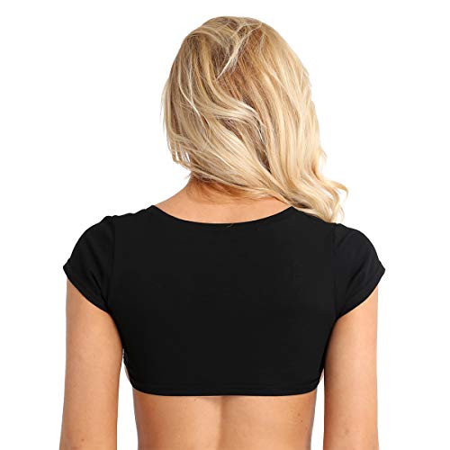 FEESHOW Womens Teen Girls O Neck Short Sleeve Yes Daddy Crop Tops Cotton T-Shirts (Black Pure, One Size)