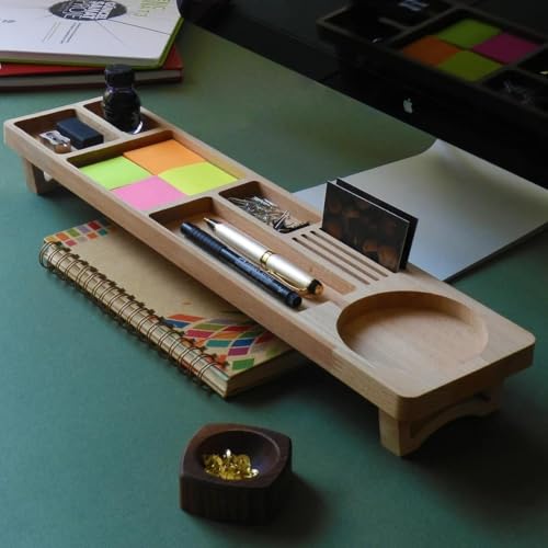 Image of Wooden Desk Organizer with Phone Stand, Multi-Compartment Stationery Holder, Natural Wood Finish (STYLE-3)
