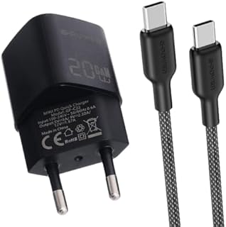 شاحن سريع USB نوع سي 20 واط + كيبل USB-C الى USB-C من جي باور، محول طاقة 3.0 للشحن السريع + كيبل بي دي عالي السرعة لايفون 17/16/15، سامسونج، شاومي، بيكسل، ايباد، ماك بوك - اسود