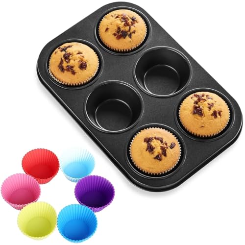 MOZZARE Muffin Pan with 6 Liners Reusable Non-Stick Cupcake Pan Standard 6-Cup Metal Tray for Muffins Cupcakes Handmade Soap (Random Colors)