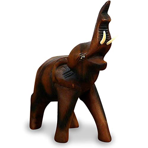 livasia Holzelefant (Rüssel Oben) Tierskulptur aus Massivholz, Holzfigur (Kleiner Elefant)