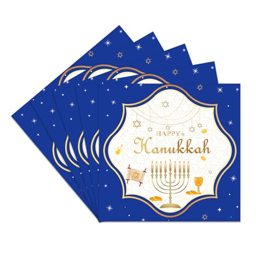 Auroriel 40 Pieces Hanukkah Napkins, Gold-Blue, with Menorah and Star of David, Disposable Paper Napkins for Jewish Holidays, Bar Mitzvah, Bat Mitzvah, Wedding, Festive T