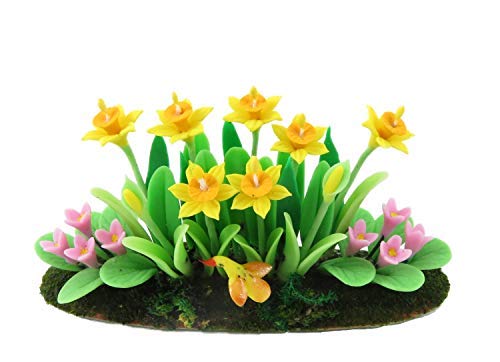Melody Jane Dolls Houses Daffodils & Polyanthus Flowers in Ground Soil Grass Garden Accessory