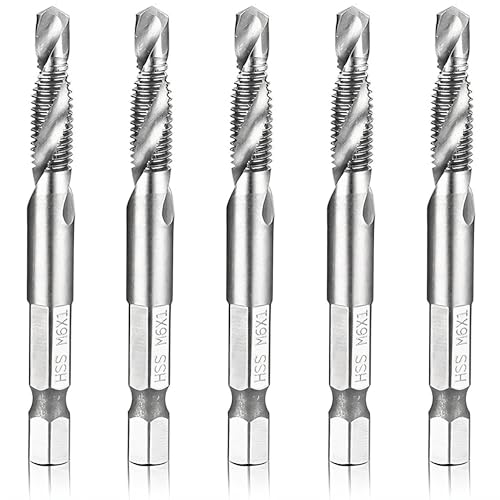 Hymnorq M6 x 1.0 Metric HSS 4341 Combination Drill and Tap Bit Set of 5pcs with 1/4” Hex Shank and Self-Centering Split Point for Tapping in Wood Plastic and Aluminum