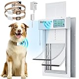 Automatic Dog Door with Collar Sensor, 2-Flap Electronic Large Dog Door for Door with Anti-Pinch, Mains-Powered, Timing Function, LCD Display, Metal Frame- L