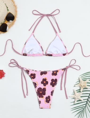 Image of ZAFUL Womens Printed Triangle Bikinis 2 Piece Halter Bikini Sets High Cut Bathing Suit Side Tie Swimsuits