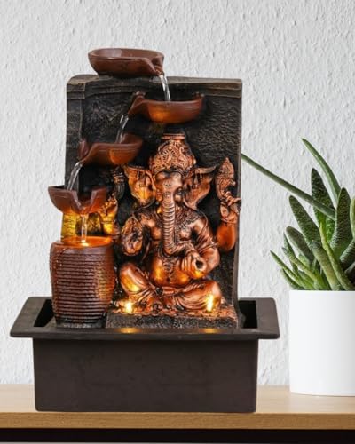 Image of UAG Exports Tabletop Indoor Water Fountain /Waterfall 4-Diya Ganesha Fountain with LED Light & Water Flow Controller Pump for Home Decor, Office, Bedroom, Gifting (Size: 40x30x22CM | Weight: 2075grm)