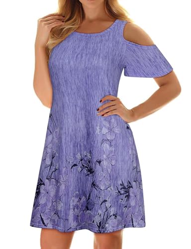 Image of Misyula Style Womens Summer Cold Shoulder Floral Flowy T-Shirt Dress with Pockets