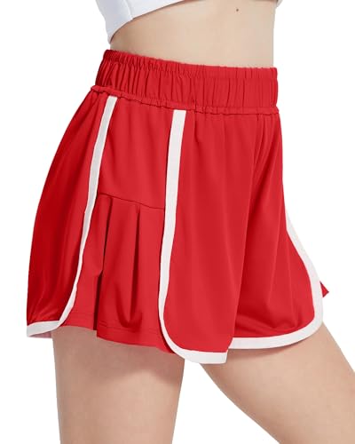 Hvididan Girls Athletic Shorts Kids Elastic Waist Workout Running Shorts Pleated Flowy Active Gym Shorts for Teens Red 11-12 Years