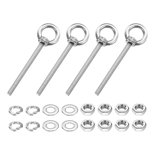 PATIKIL M4 x 50mm Eye Bolt, 4 Pcs 304 Stainless Steel Thread Lifting Ring Set Shoulder Eyebolt with Lock Nuts Flat Washers for Hanging Hammocks Articles, Silver