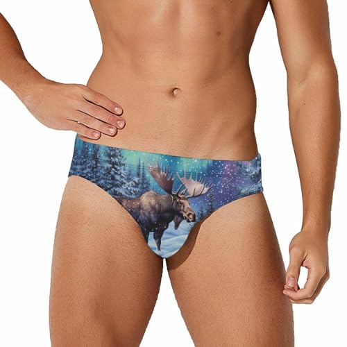 Alaskan Moose with Aurora Borealis Novelty Men's Brief Swimwear Pants Swimming Trunks Beach Shorts Underwear