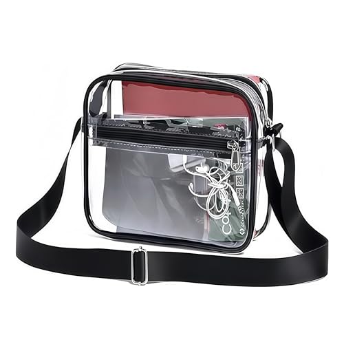 【Dimensioni perfette】: questa borsa trasparente a spalla singola misura 25cm x 23cm x 7cm, abbastanza per ospitare i tuoi oggetti essenziali e ha una cintura regolabile.