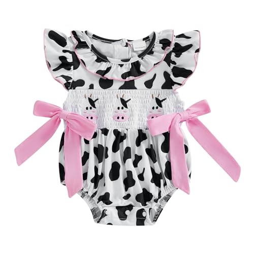 Image of Emmababy Newborn Cowgirl Outfit Infant Baby Girl Ruffle Bubble Romper Short Sleeve Bodysuit Bow Jumpsuit Western Baby Clothes
