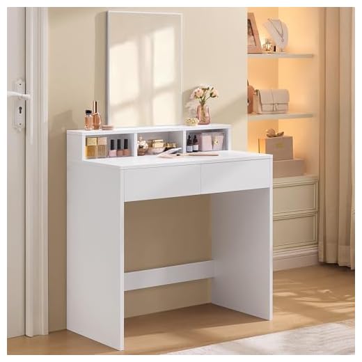 VASAGLE Dressing Table with Large Rectangular Mirror, Vanity Table with 2 Drawers and 3 Open Compartments, Vanity Table, Modern Style, White RDT113W01 25 VASAGLE Dressing Table with Large Rectangular Mirror, Vanity Table with 2 Drawers and 3 Open Compartments, Vanity Table, Modern Style, White RDT113W01