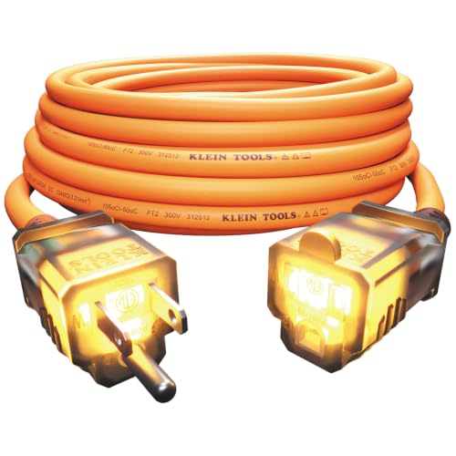 Klein Tools EXC2515 12/3 SJEOW 25-Foot Extension Cord LED Ends Daytime Visibility Flexible in Cold Weather 99.9% Copper Wire 15A Indoor/Outdoor
