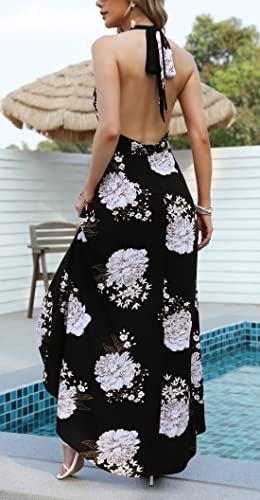 Image of Kormei Womens Scoop V Neck Halter Backless Floral Rayon Party Split Maxi Romper Dress XL 03-Black /White Floral