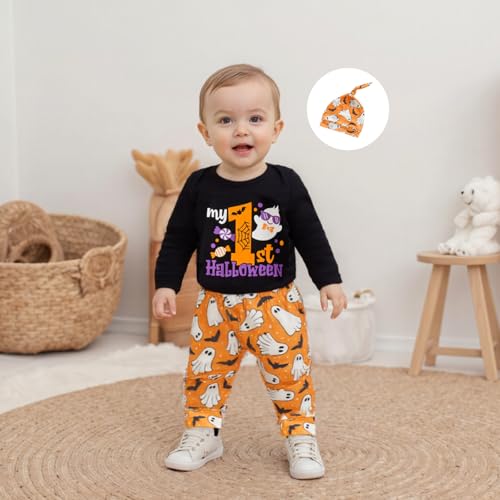 My 1st Halloween Baby Boy Outfit Letter Print Long Sleeve Romper Pumpkin Ghost Spider Long Pants Hat 3Pcs Set3