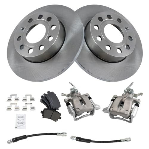 Image of TRQ Rear Brake Pad and Rotor Set Semi Metallic Solid Rotors Calipers Hoses | For 2006-2010 Volkswagen Jetta 2006-2009 Rabbit