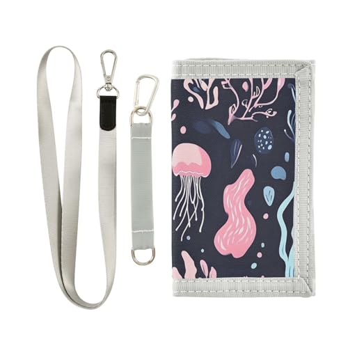 Ocean Coral Fantasy Durable Nylon Fabric Wallet for Boys and Girls - Multi-Functional with 2 Clear Pockets, Zipper Coin Compartment, 3 Card Slots & Keyring