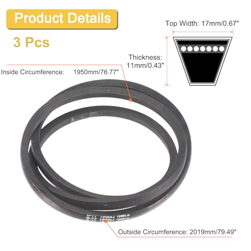 Image of uxcell 3pcs B77 Classic Wrapped V-Belt, 79 inch Outer Circ B Profile V-Belt
