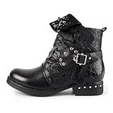 LALA IKAI Women Motorcycle Boots Combat Ankle Combat Boots with Studded Low Block Heels Biker Shoes Black/Gray/Brown