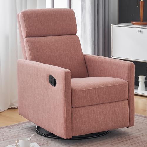 Image of Ketaiyou Swivel Rocking Recliner Chair for Adults, Rocker Nursery Glider Chair for Living Room, Upholstered Fabric Reclining Single Sofa Chair(Pink)