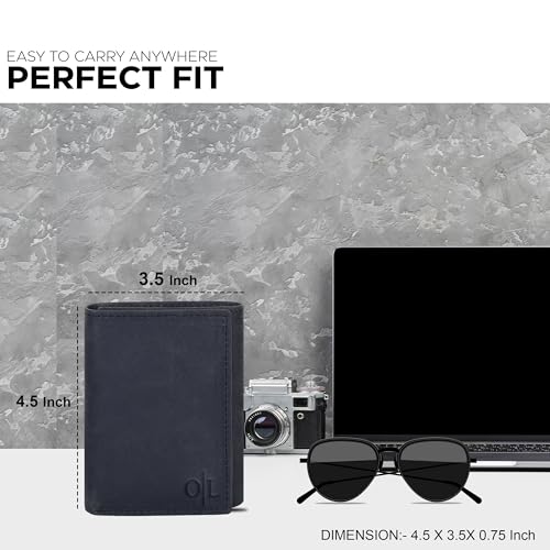 Image of Real Leather Mens Trifold Wallet RFID Blocking Slim Minimalist Front Pocket - Thin & Stylish with ID Window in Gift Box, Vintage Black, Trifold