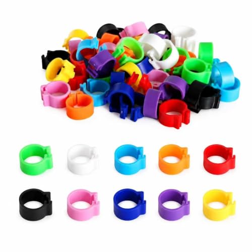 50 Pack 10mm Clip-on Poultry Leg Bands, 10 Colors Reusable Chicken Leg Tags, Small Bird Identification Leg Rings for Chicks, Quail, Bantam, Finch, Dove, Pigeon & Lovebird, Multicolor, 50