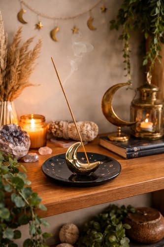 Image of Crescent Moon Ceramic Incense Holder, Black and Gold, Ash Catcher Plate, Spiritual Home Decor, Meditation and Yoga Accessory