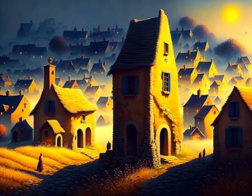 Tableau sur toile soleil levant et village brumeux d'antan