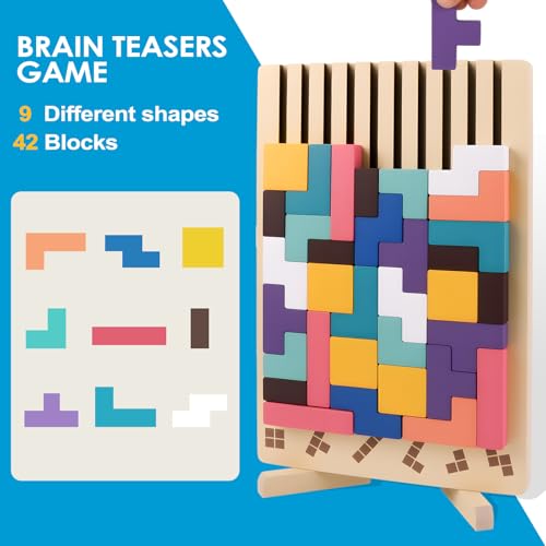 Havnidy Quebra-cabeças de madeira empilhável, conjunto Montessori 3D, blocos 3D com 10 cartões, brinquedo educativo