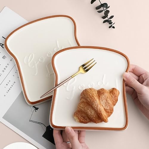 Image of Ceramic Toast Shape Serving Plate | Snack Plate for Breakfast | Decorative Dessert Plate | Microwave Safe Ceramic Plate | Unique Shaped Plate for Kitchen | Gifting Plate | Brown | 2 Piece