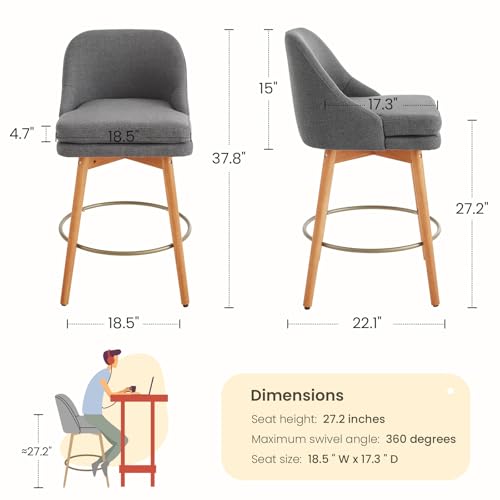 Image of kinmars Modern Bar Stools Set of 2,Swivel Counter Height Bar Stools with Soft Upholstered Back,Thick Seat,Wooden Legs, 27 inch Counter Stools for Kitchen Island (Gray, 4 Pieces - 27 inch Counter Height)