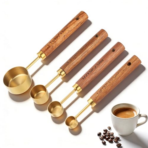 Gold Measuring Spoons Set of 4, Stainless Steel Coffee Measuring Scoop with Wooden Handles Teaspoon Measuring Cups for Coffee Tea Spices Cooking Baking