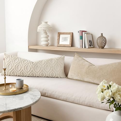Image of decorUhome Fall Lumbar Pillow Cover 14x36 Inch, Ultra Soft Plush Decorative Faux Fur Beige Solid Couch Pillow Cover, Accent Farmhouse Neutral Rectangular Pillow Case for Sofa Bed Living Room