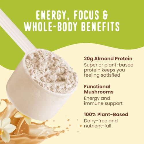 Image of FlavCity Vegan Almond Protein Shake Powder, Vanilla Cream + Reishi & Cordyceps Mushrooms - Focus, Skin, Hair & Joint Support - Organic Fruit All in One Smoothie On-the-Go, 20 Servings