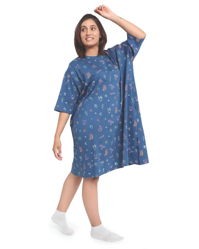Image of LAMA STORE Women's Printed Oversized T-Shirt Dress, Cotton, 3 /4 Sleeve Length, Casual Loose Fit, Comfort Wear Extra Comfy Oversized Printed Pocket T-Shirt Dress