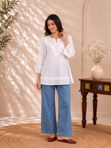 Image of QAZMI Women Kashmiri Aari Embroidered Viscose Rayon A-Line Short Kurti with Bell Sleeves