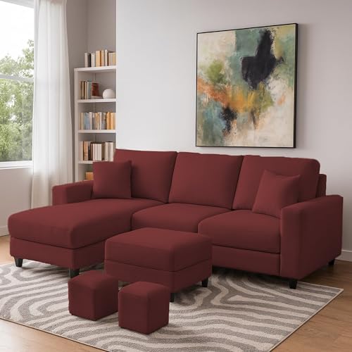 Image of Casaliving Rolando Seater L Shape Sofa Set for Living Room Left Side (Maroon, 4 Seater with Ottomon - LHS)