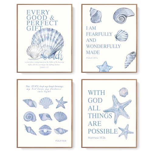LARTSFRO Beach Ocean Blue Christian Bible Wall Art Decor Posters, Coquette Shells Christian Room Bathroom Bedroom Dorm Wall Art Decor Aesthetic for College Teen Girls Gifts, Inspirational Bible Verses Wall Decor, 10x8 Inch Set of 4 Pcs Summer Beach Pictures (UNFRAMED)