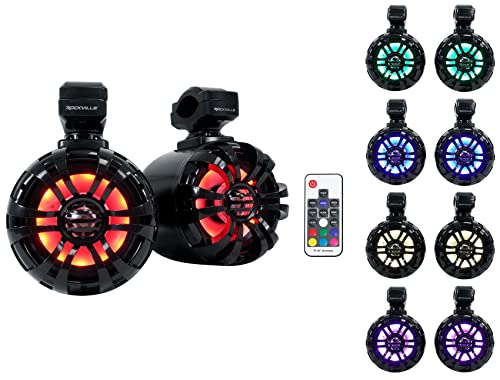 Rockville WB50KLS (Pair) Black 5.25" 250W Stainless Steel Marine Wakeboard Tower Speakers 360° Swivel Mount w/LED Lights Waterproof for Boats & ATVs