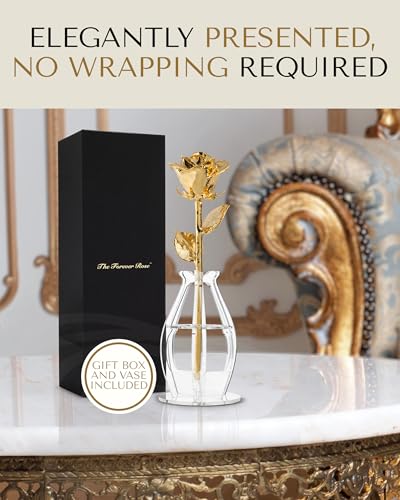 Image of Forever Rose 24K Gold Dipped Real Rose, Handmade, in Bloom Box & Vase