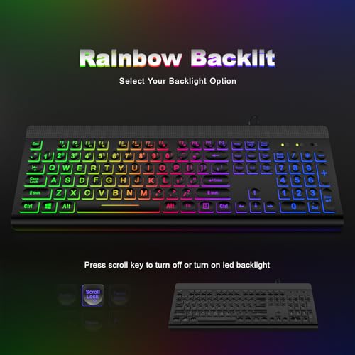 Image of Atelus Large Print Backlit Keyboard, USB Wired Computer Keyboard, Full Size Keyboard with Rainbow Illuminated LED Compatible for Windows Desktop, Laptop, PC, Gaming, Black