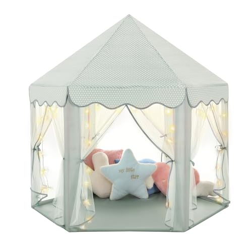 Image of Monobeach Princess Tent Girls Celadon Large Playhouse Kids Castle Play Tent with Star Lights Gift Toy for Children Indoor and Outdoor Games, 55'' x 53'' (DxH)